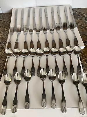 38 Pc Swiss Made SOLA Cutlery Stainless Steel Flatware Shell Pattern Art Deco • $189.99