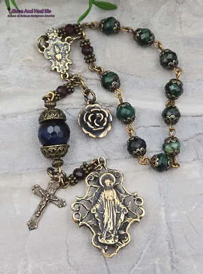 Miraculous Mary Fatima Sacred Heart Emerald Vintage Bronze Ornate Chaplet • $82