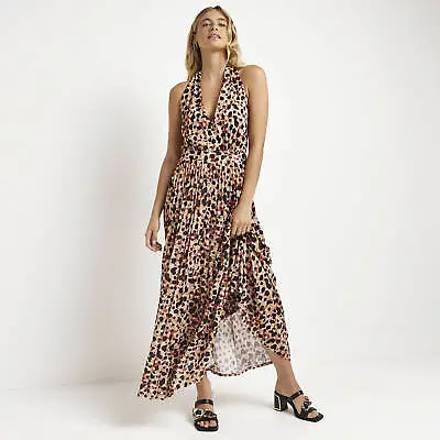 £7 • Buy River Island Womens Maxi Dress Brown Animal Print Halter Neck Sleeveless