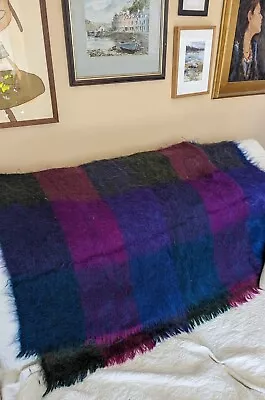 Vintage 1980s Bloomingdales Wool Mohair Tartan Purple Throw Furry Blanket 48x68  • $33.99