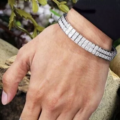 Men's Double Row Bracelet 17 Ct Princess Cut Lab Created Diamond 925 Silver 8.5  • $299.99