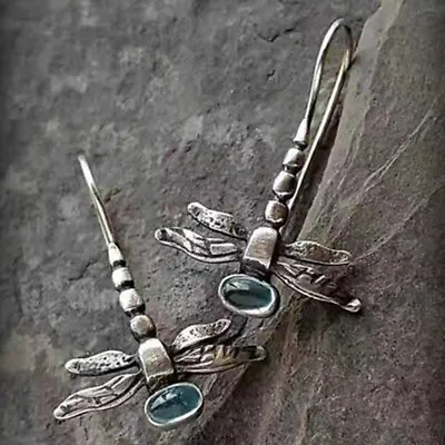 Vintage Dragonfly 925 Silver Hook Dangle Earrings Women Moonstone Party Jewelry • $1.50