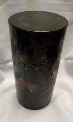 Vintage Japanese Black Metal Cylinder Tea Box Hand Painted Cranes Scenery Used  • $25