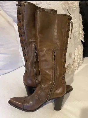 MIU MIU Brown Thigh High Leather Boots Sz 37.5 Western Style Texas Prada • $99