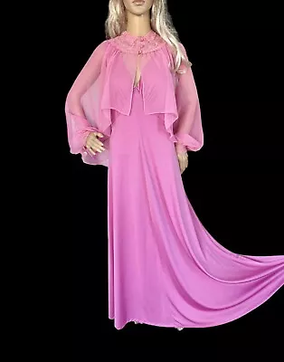Vintage 50s Maxi Dress M Sheer Chiffon Cape Capelet Over-Layered Raspberry Pink • $39.99
