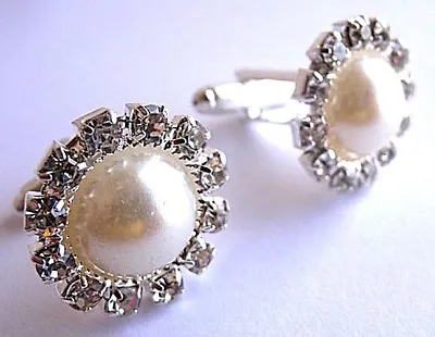 £4.99 • Buy Gorgeous Handmade Pearl And Diamante Cufflinks + Free Gift Bag + Free Shipping
