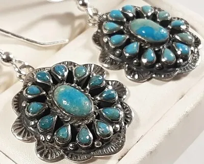 $44.99 • Buy 925 STERLING ETCHED CLUSTER FLOWER TURQUOISE 1 5/8  X 13/16  HOOK EARRINGS 8.07g