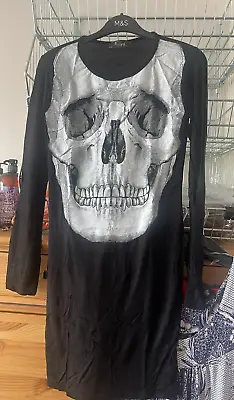Women Ladies Halloween Skull Face Jersey Long Sleeve Tunic Midi Dress Top • £7.99