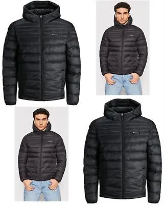 Jack & Jones Jacket Mens Puffer Hoodie Jacket Sports Full Zip Jacket Black • £19.99