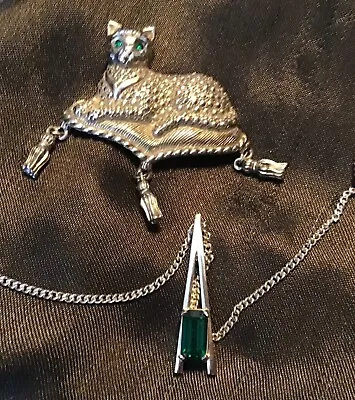 $9.99 • Buy Vintage Avon Brooch Cat Pin W/ Green  Eyes + Necklace And Pendant Charm!