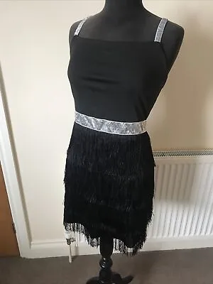 Ladies 1920’s Great Gatsby Charleston Black Silver Flapper Tassle Dress Size M  • £20