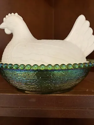 Vintage Milk Glass Hen On Nest Irediscent Green Carnival Glass Candy Nut Dish • $24.99
