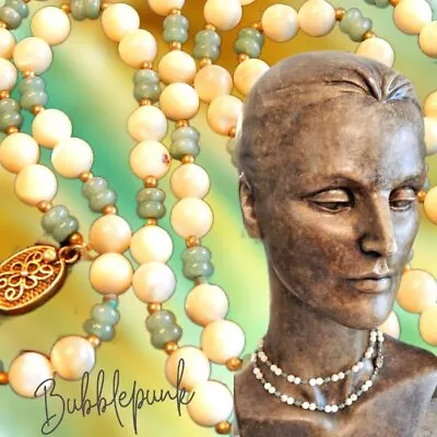 Vintage Chinese Export Mother Of Pearl & Jade Bead Necklace Gilt Silver Clasp • $40