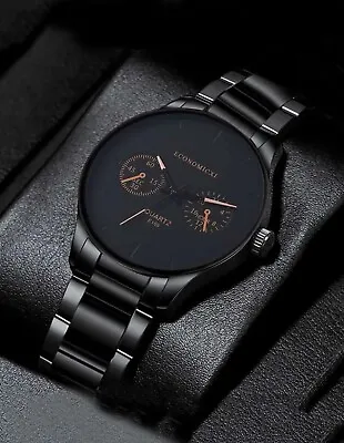 Men's Business Black & Gold Fashion Watch With Stainless Steel Strap Quartz UK • £8.99