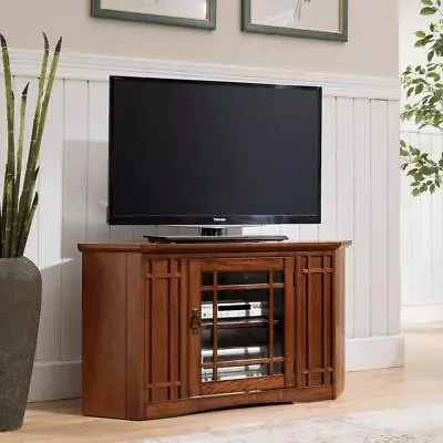 Leick Home TV Stand 46.75  Adjustable Shelves Tempered Glass Wood Mission Oak • $360.90