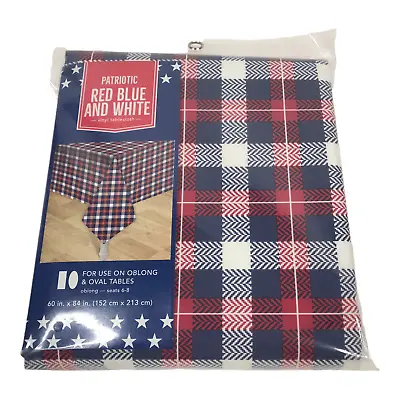 Patriotic Tablecloth 60x84 Plaid Red White Blue Vinyl Oblong Oval American NEW • $8.96