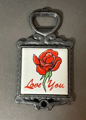 Vintage Retro ACME Cast Iron Ceramic Tile Trivet Love You Red Rose Coaster • £9.64