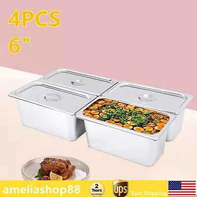 4PCS 6  Deep Stainless Steel Steam Table Pans W/ Lids 1/3 Size Hotel Food Prep • $51