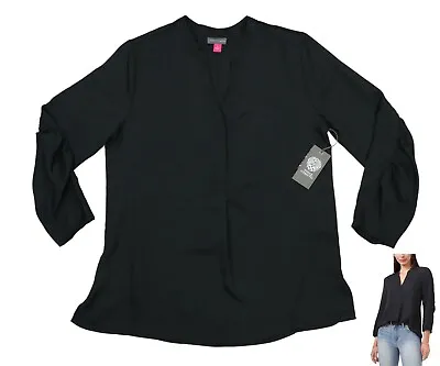 Vince Camuto Solid Color Half Placket Long Sleeve Women's Top NWT Rich Black • $26.95