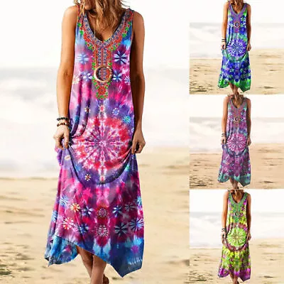 £4.99 • Buy UK Womens Boho Sleeveless Summer Tank Dress Beach Holiday Maxi Dresses Plus Size