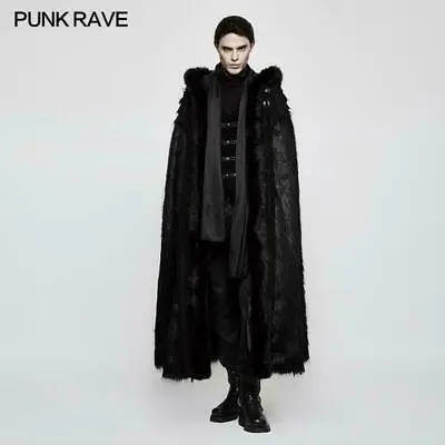 Punk Rave Gothic Long Fur Hooded Sleeveless Thick Cosplay Party Cloak Coat Cape • $295.99