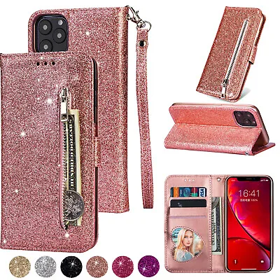$14.09 • Buy Bling Glitter Zipper Leather Wallet Case For IPhone 13 Pro Max 11 12 XS XR 8 76+