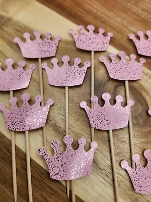 Pink Metallic Glitter Princess Crowns Cup Cake Toppers/Flags Birthday/Party 12no • £3.10