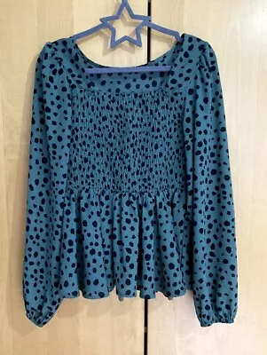 BNWOT Shein Green Dalmatian Print Long Sleeve Shirred Peplum Blouse L/UK 12-14 • £9.50