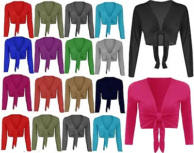 Womens Plain Tie Knot Shrug Ladies Cropped Bolero Long Sleeve Tie Up Front Top • £6.99