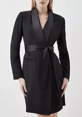 Karen Millen UK 10 Black Tailored Tuxedo Blazer Wrap Mini Dress Satin Collar • £89.99