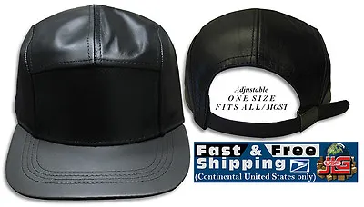 Leather 5 Panel Cap Adjustable Strap Back Hat Black NEW JLGUSA • $24.99