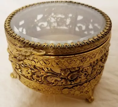 Vintage Ornate Gold Toned Miniature Jewelry Trinket Chest Round Gold Inside • $17.50