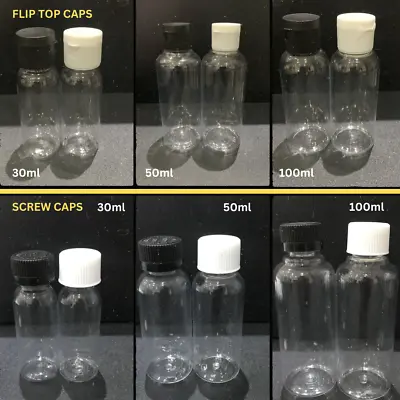 30ml 50ml 100ml PET Clear Plastic Bottles With Black White Lids Caps UK Stock • £5.89