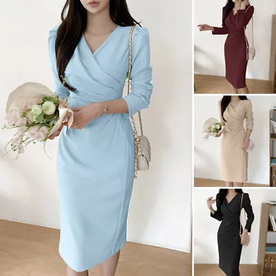 $34.64 • Buy ZANZEA Womens Long Sleeve V Neck Plain A Line Fashion Evening Cocktail Dress NEW