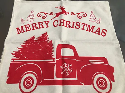$12.77 • Buy Christmas Pillow Cover Cushion Red Vintage Pick-up Truck 22x22 Tree Red Cream