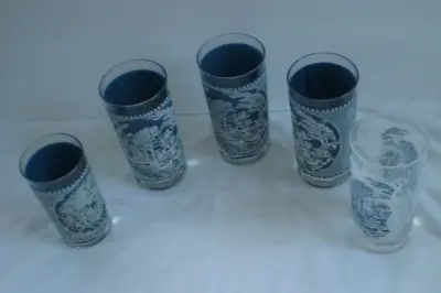 Vintage Blue Currier & Ives Frosted Tumblers Glasses 60's Old Grist Mill (5) • $25