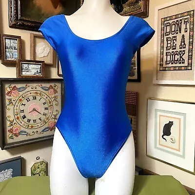 80s Vintage Bright Blue Gilda Marx Flexatard Scoop Neck High Cut Leg Leotard L • $45