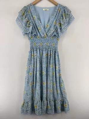 MAX STUDIO Dress M Chiffon Tiered Smocked Waist Floral Flutter Sleeve Blue • $28.99