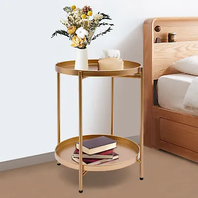 2 Tier Gold Small Sofa Side Table Round Coffee Tea End Table Metal Storage Table • $26.60