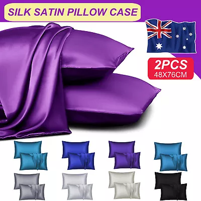 2xSilk Satin Pillow Cases Extra Comfort Soft Cover Solid Bedding 48cmx74cm 2022 • $12.95