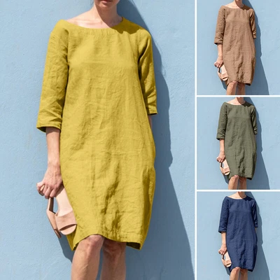 $29.21 • Buy Womens Cotton Linen Plain Sundress 3/4 Sleeve Casual Holdiay Short Mini Dress AU