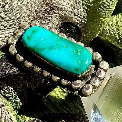 1930s Mens Old Navajo Pawn Silver Blue Natural Royston Turquoise LONG HEAVY Ring • $225