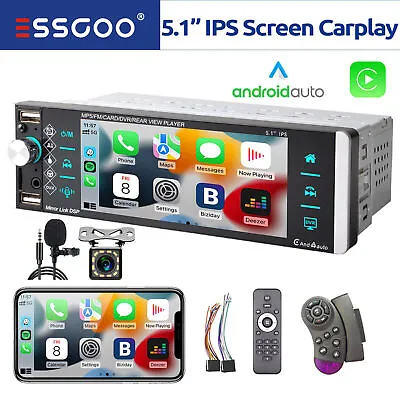 5  Single 1 DIN Car Stereo Radio Apple CarPlay/Android Auto Play BT + Camera MIC • £70.25