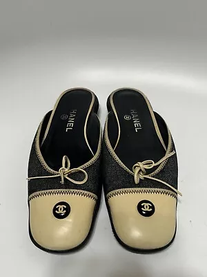 Vtg Chanel Black Denim Leather Cc Logo Shoes 39 • $385