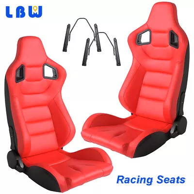 2Pcs Universal Reclinable Racing Seats PU Leather Bucket Seats Full Wraped Red • $344.43