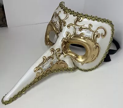 Italian Venetian MASQUERADE MASK Large Long Nose Beak White Gold Music Notes HTF • $49.95