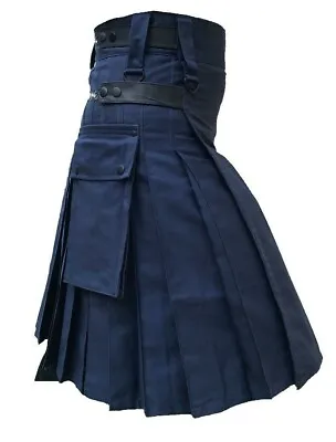 Men's Navy Blue 100% Genuine Leather Straps Fashion Sport Utility Kilt • £33.99