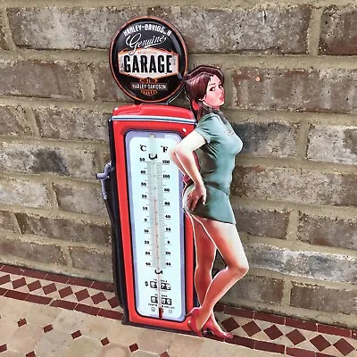 Harley Davidson Pinup Girl Metal Thermometer Shop Garage Bar Man Cave Oil Gas • $27.95