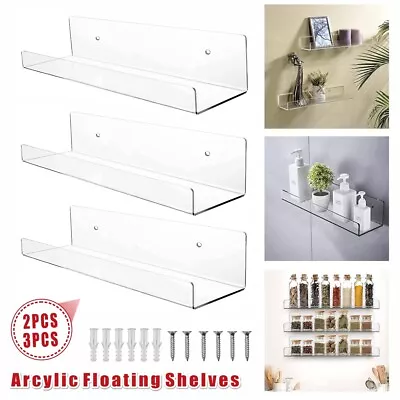 Set Of 3 Clear Acrylic Floating Shelves Display Mounted Shelf Display Organizer • £11.99