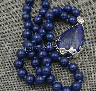 Natural Blue Egyptian Lapis Lazuli Gemstone Round Beads Drop Pendant Necklace • $4.95